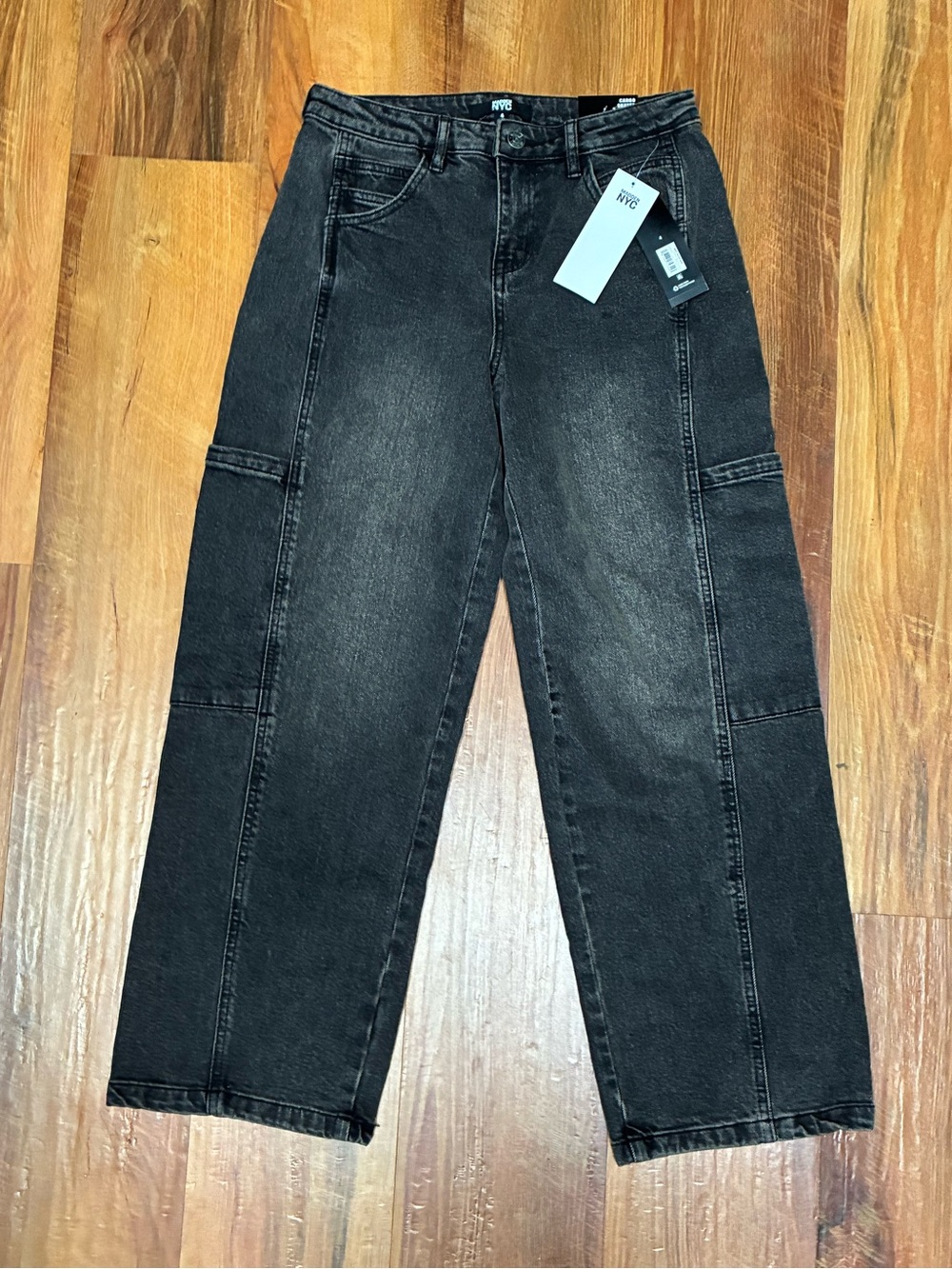 NWT Madden NYC Cargo Skater High Waist Wide-Leg Jeans in Washed Black Gray 4